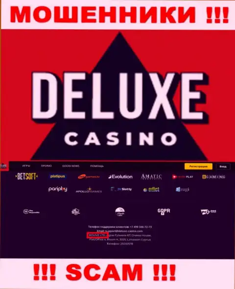 Данные о юридическом лице Deluxe Casino у них на официальном онлайн-ресурсе имеются - это BOVIVE LTD