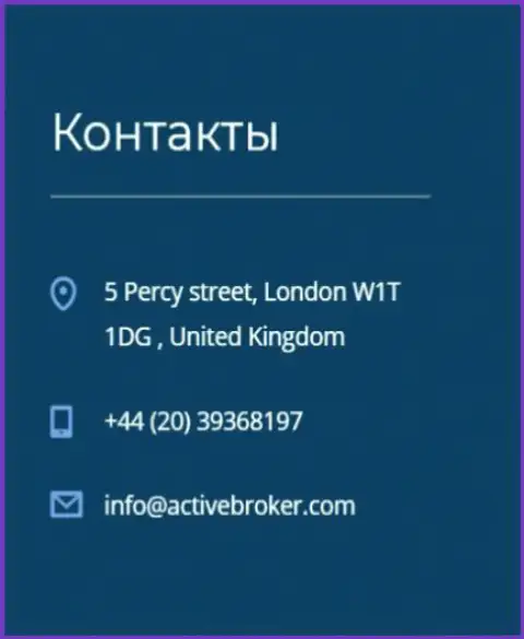 Адрес центрального офиса Форекс дилинговой организации ActiveBroker Сom, опубликованный на официальном интернет-портале указанного Форекс дилера