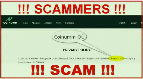Coinumm Com thieves legal entity - this information from the scam website
