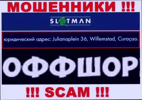 SlotMan - это неправомерно действующая организация, расположенная в оффшорной зоне Julianaplein 36, Willemstad, Curaçao, будьте весьма внимательны
