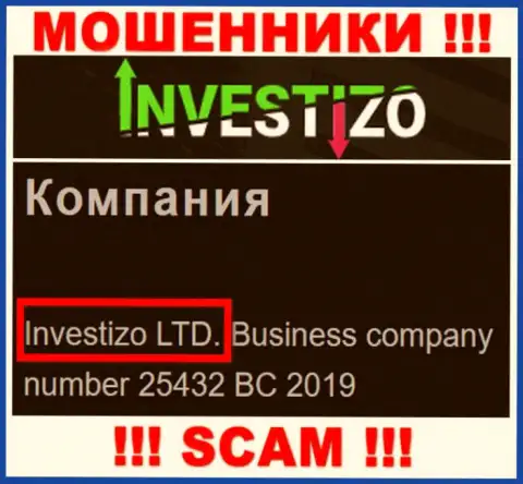 Данные о юридическом лице Investizo на их официальном сайте имеются - это Investizo LTD