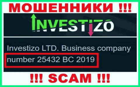 Investizo LTD internet-мошенников Investizo зарегистрировано под этим рег. номером: 25432 BC 2019