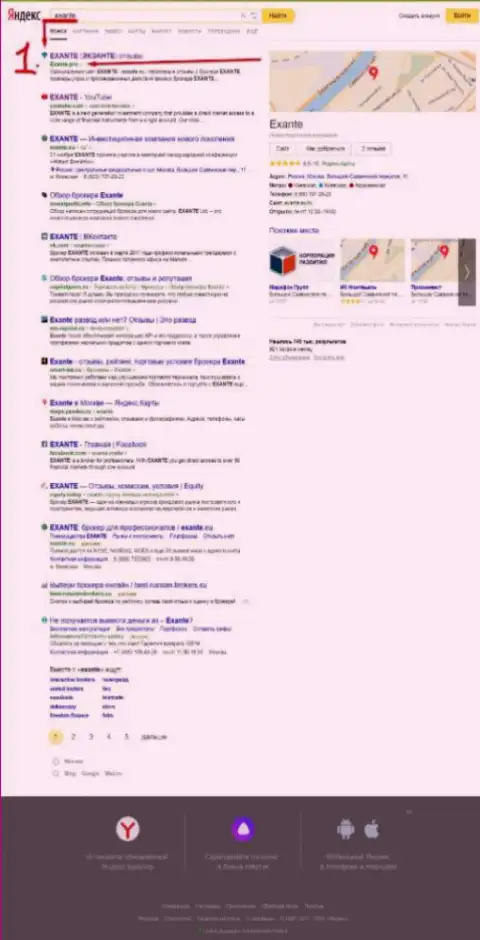 Web-ресурс exante pro с публикацией о мошенниках ЭКСАНТ на первой строчке поисковой выдачи в Яндекс