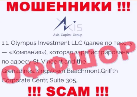 Официальный адрес шулеров Axis Capital Group в офшорной зоне - Садовническая ул., 14, Москва, 115035, эта инфа представлена у них на официальном сайте