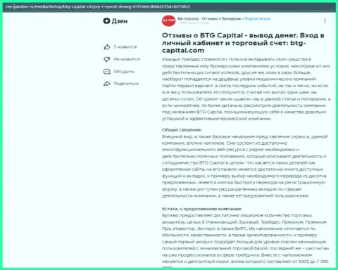 Статья о дилинговой компании BTG Capital, представленная на сайте Дзен Яндекс ру