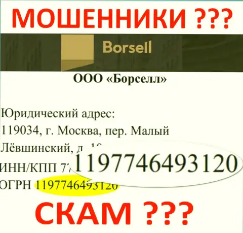 Регистрационный номер неправомерно действующей компании Борселл Ру - 1197746493120