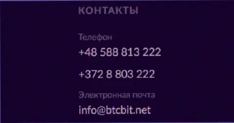 Номера телефонов и электронка онлайн-обменника БТКБит