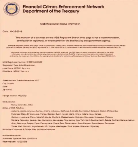Лицензионный документ организации BTCBit
